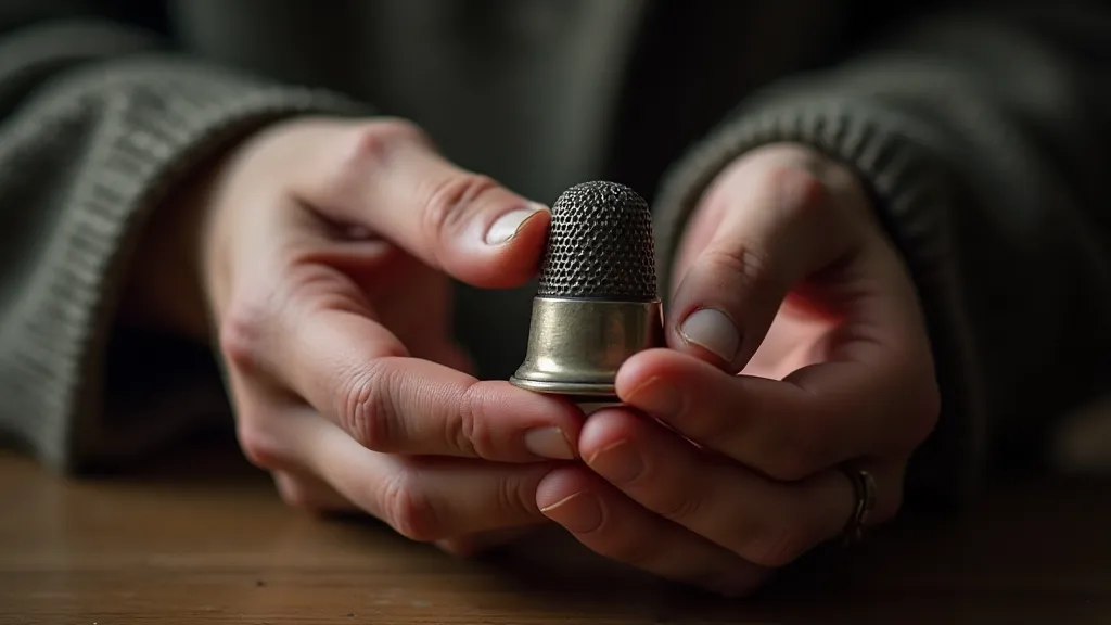 Collector holding antique thimble