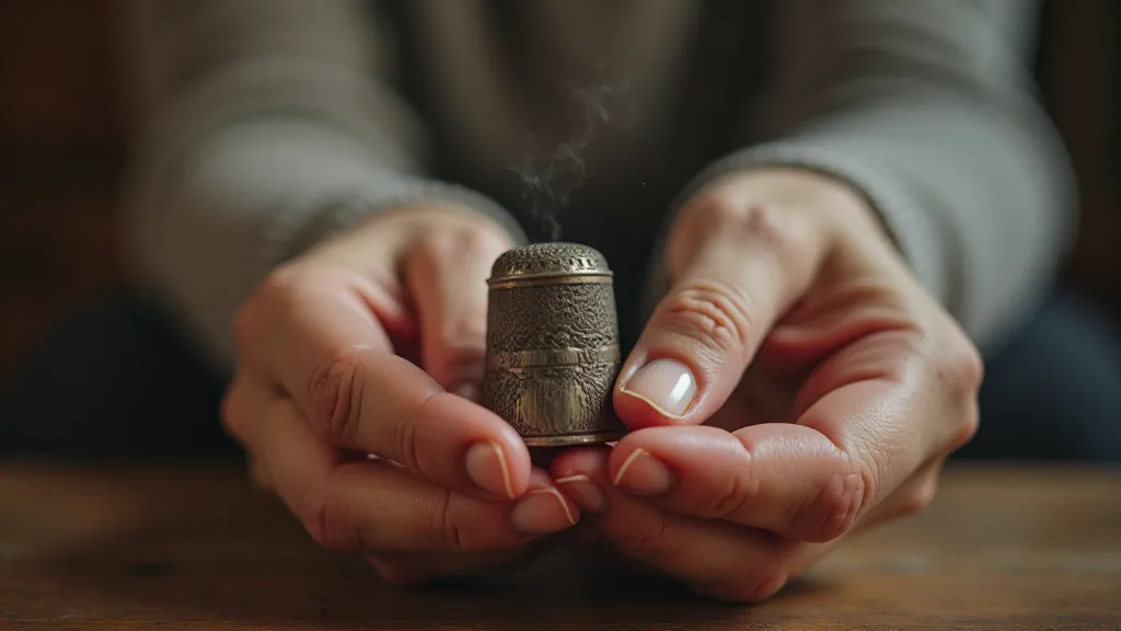 Elderly hands holding a vintage thimble.