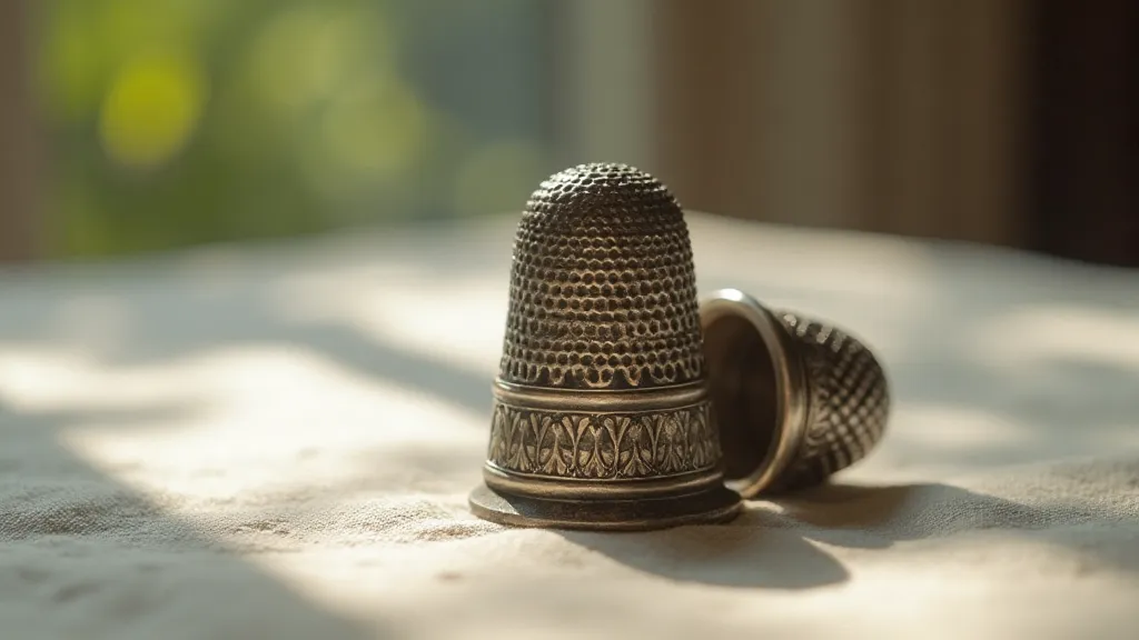 Tarnished silver thimble on linen