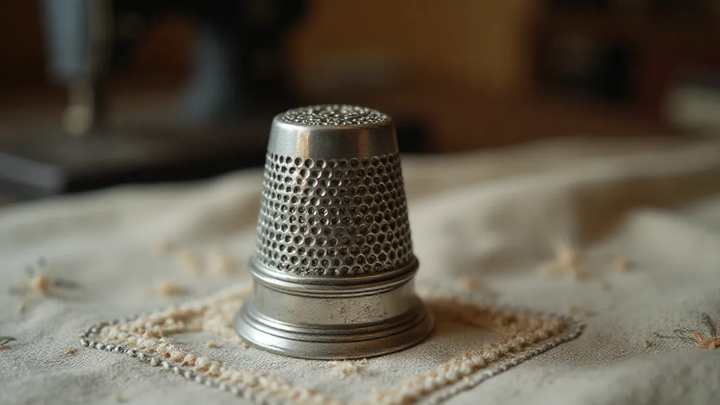 Antique silver thimble on linen cloth