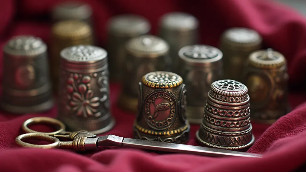 Assorted antique thimbles laid out on velvet.