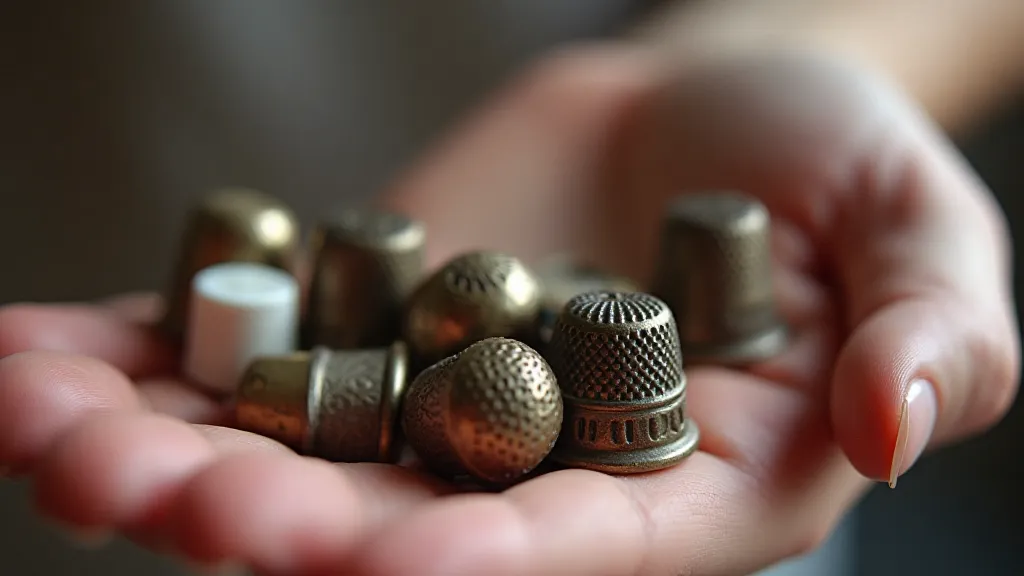 Hand holding a collection of antique thimbles