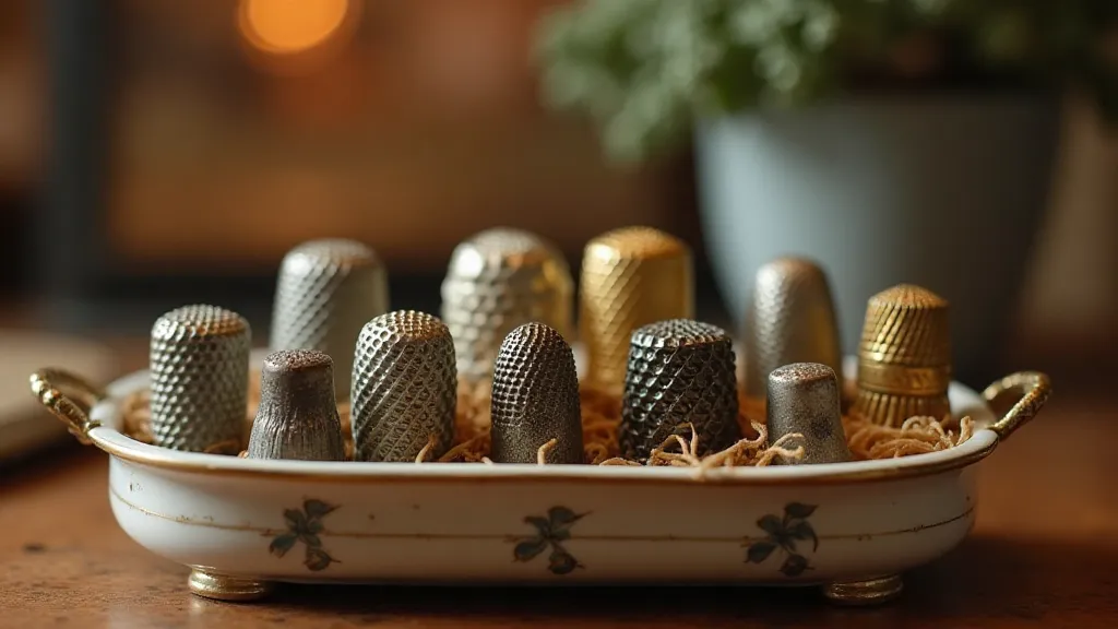 Antique thimble collection in a porcelain box