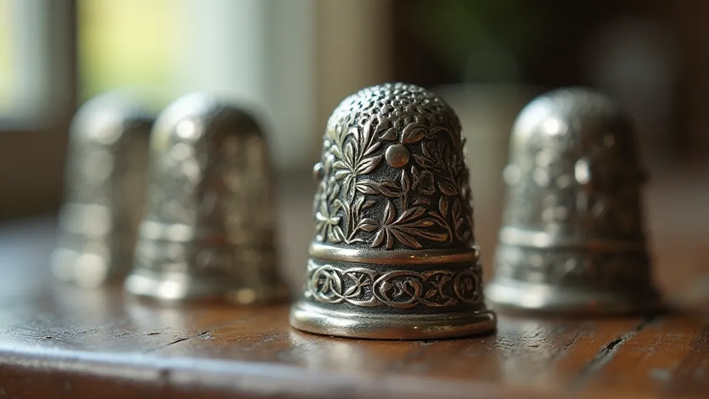 Antique silver thimbles on wood