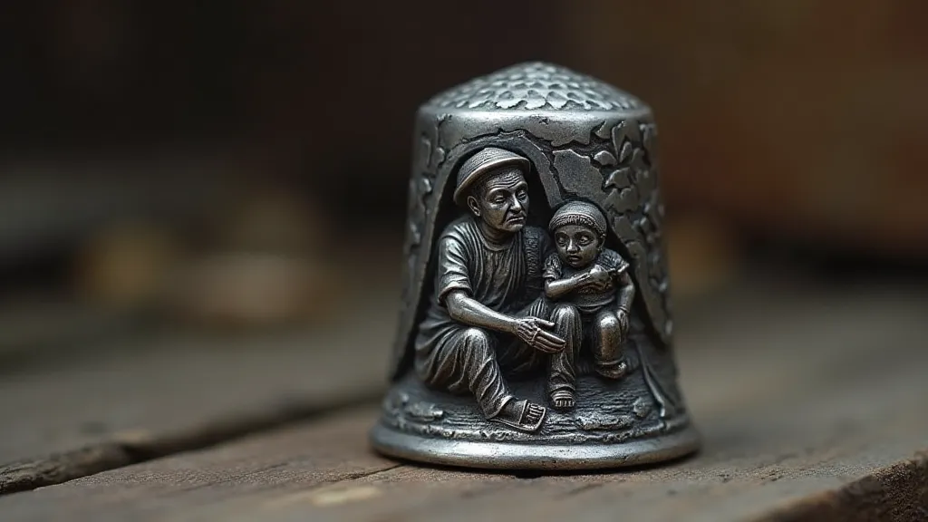 Victorian silver thimble depicting a coal miner family.