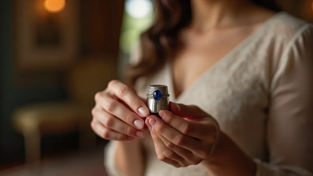 Woman's hands holding a sapphire-adorned silver thimble