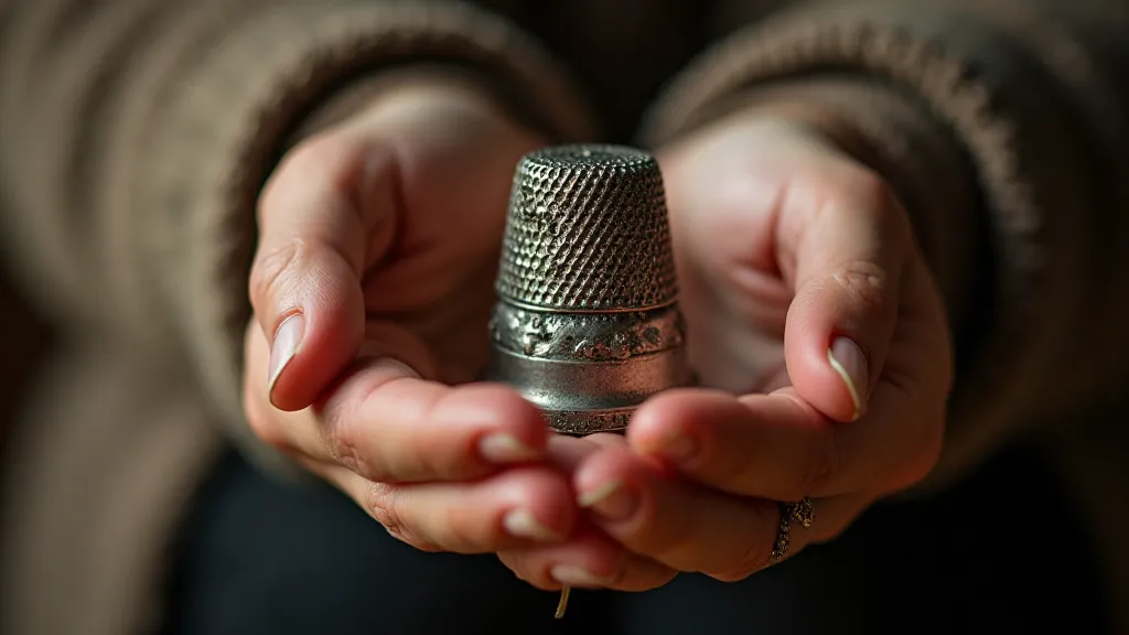 Vintage silver thimble held by aged hands