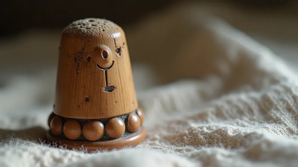 Vintage wooden thimble on linen